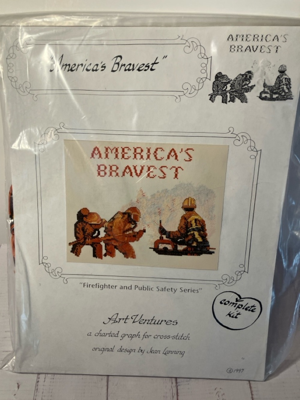America's Bravest Cross-Stitch Kit - Firefighters - Red, Yellow, Brown